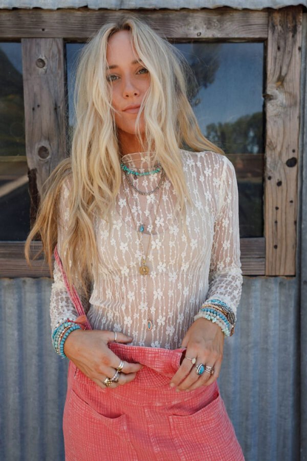 White Sheer Floral Lace Long Sleeve Slim Fit Top