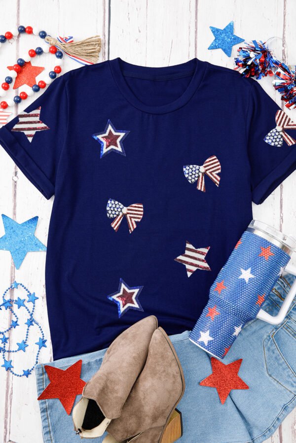 Blue Sequin USA Flag Bow Star Graphic Crewneck T Shirt