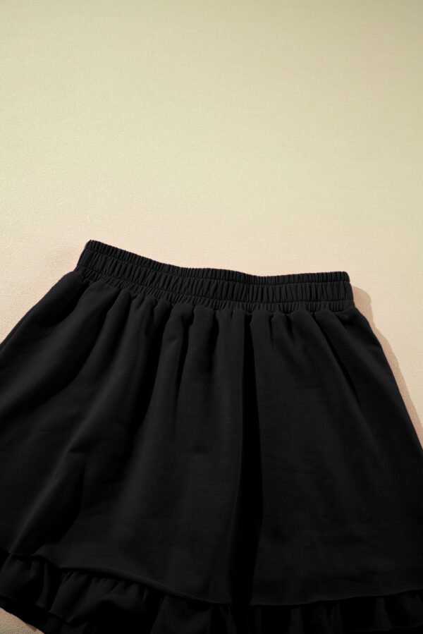 Black Half Zip Puff Sleeve Top and Ruffled Shorts Set