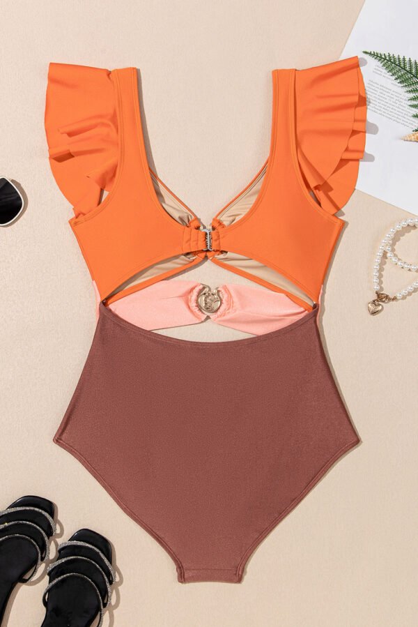 Orange Ruffle Sleeve Tricolor Cutout Front Ring One Piece Swimsuit