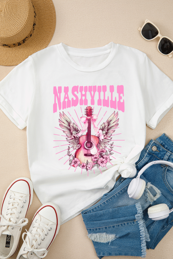 White NASHVILLE Guitar Graphic Music Festival T Shirt