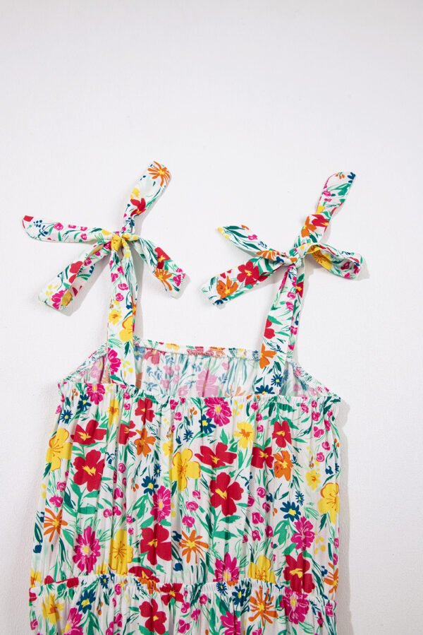 Red Floral Knotted Straps Cinched Waist Ruffle Hem Mini Dress