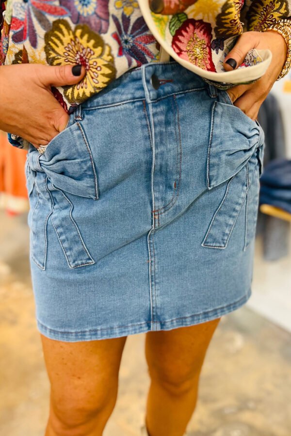 Dusk Blue Acid Wash Bowknot Details High Waist Denim Skirt