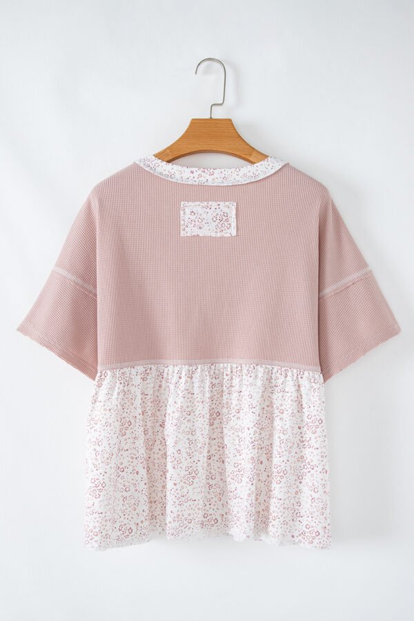Pink Waffle Floral Patchwork Exposed Seam Detail Short Sleeve Top