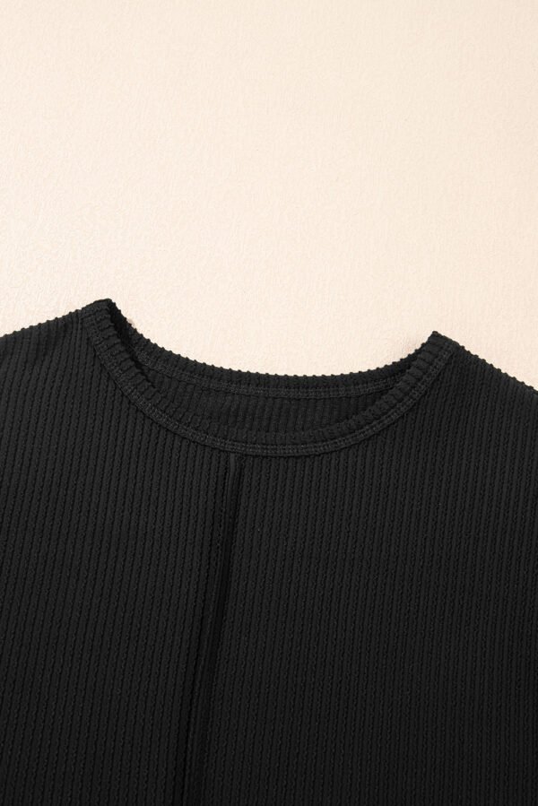 Black Solid Color Corded Short Sleeve Top and Casual Pants Set