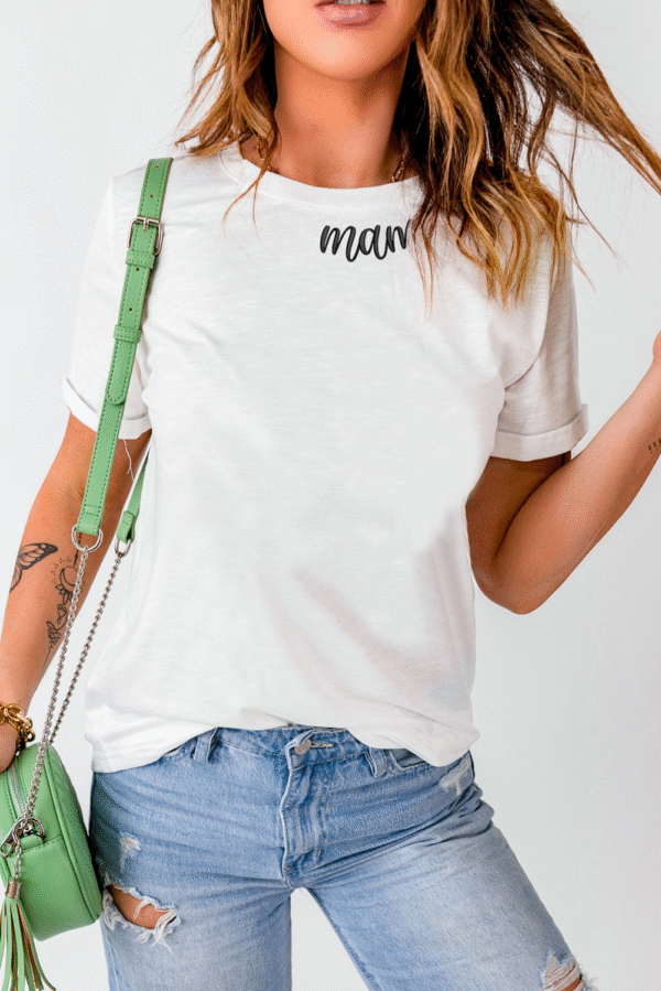 White mama Heart Embroidered Crew Neck T Shirt