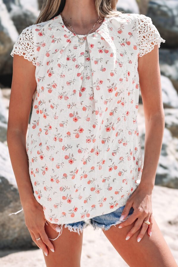 Pink Floral Print Embroidery Detail Crochet Cap Sleeve Blouse