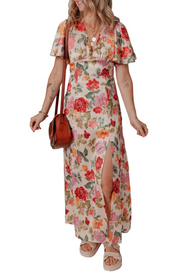 Multicolour Vintage Floral V Neck Short Sleeve Tie Back Long Slit Dress