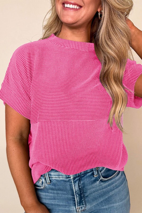 Bright Pink Plain Corded Knit Mock Neck T Shirt
