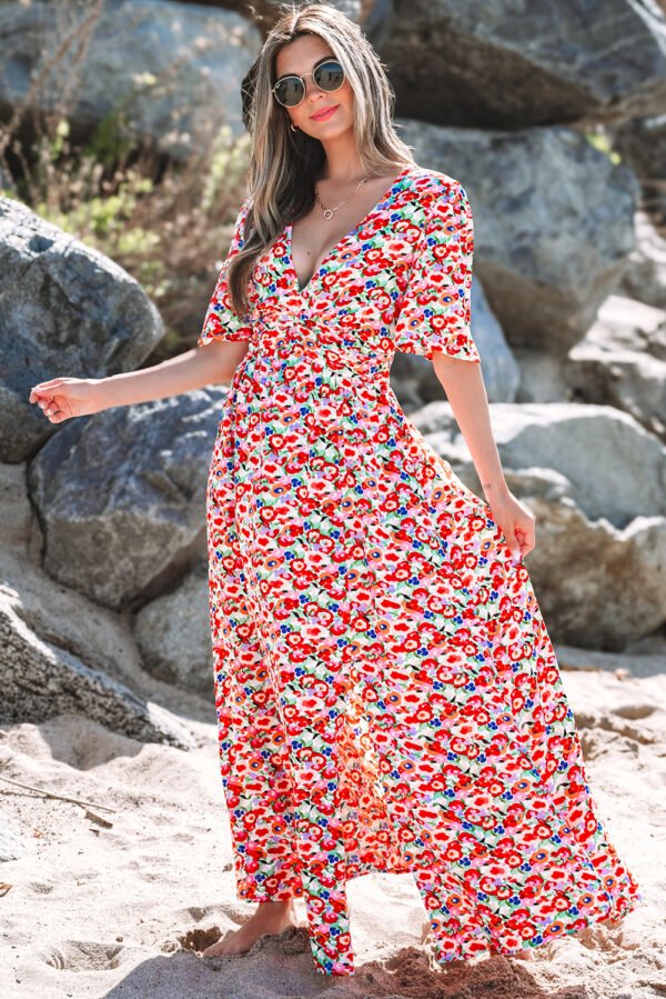 Red Floral Half Sleeve Deep V Neck Cutout Back Split Maxi Dress