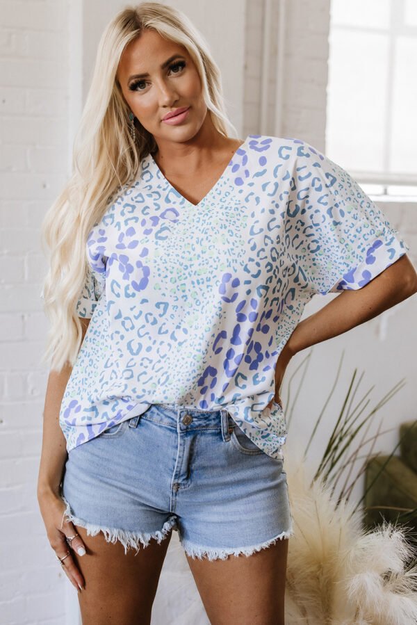 Sky Blue Mixed Leopard Print V Neck Short Sleeve Blouse