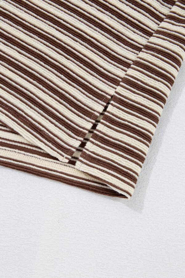 Brown Stripe Textured Side Slits Crew Neck T Shirt