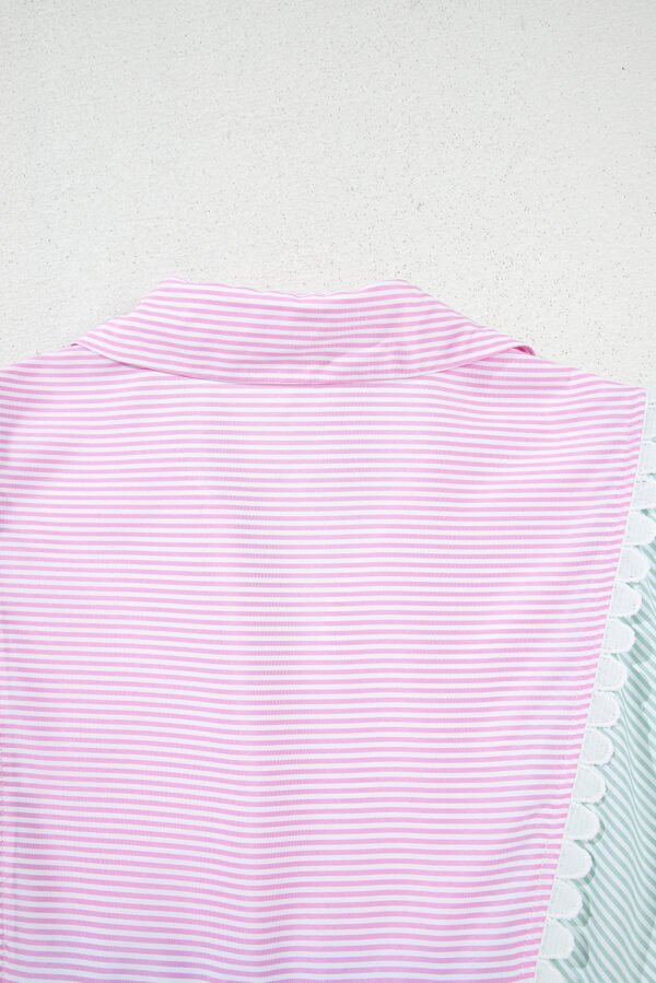 Multicolour Striped Patchwork Ric Rac Puff Sleeve Collared Mini Dress