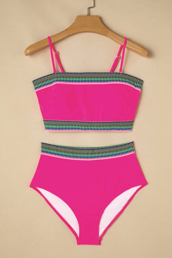 Rose Red Contrast Banding Tube Bikini High Waist 2pcs Swimsuit