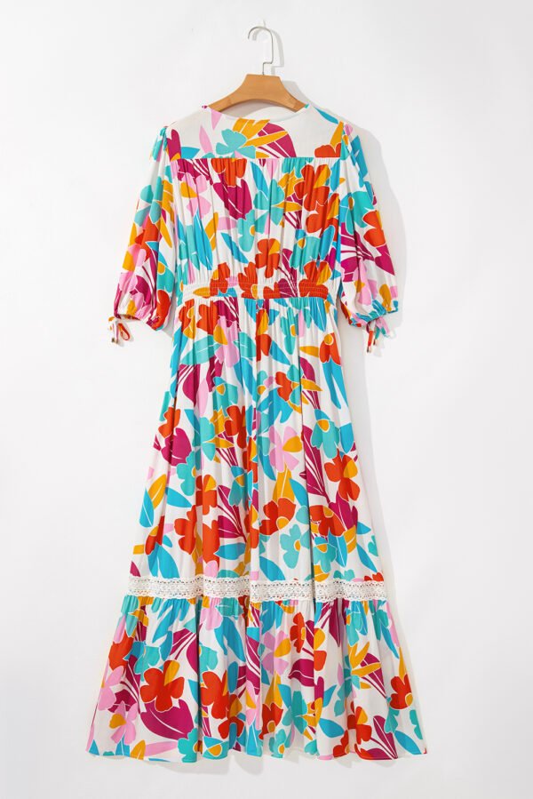 Rose Red Floral Knot Puff Sleeve V Neck Buttoned Front Split Lace Maxi Dress