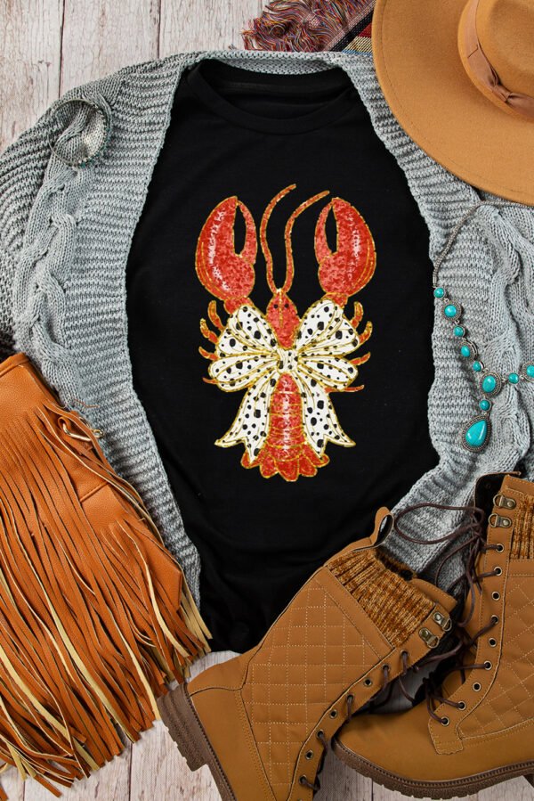 Black Dotty Bow Knot Crawfish Printed T Shirt