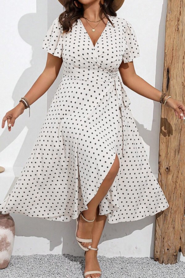 Khaki Polka Dot Surplice V Neck Tied Waist Flutter Sleeve Flowy Plus Size Midi Dress