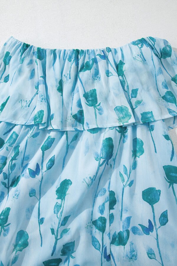 Green Floral Print Ruffled Side Slit Tube Top Maxi Dress