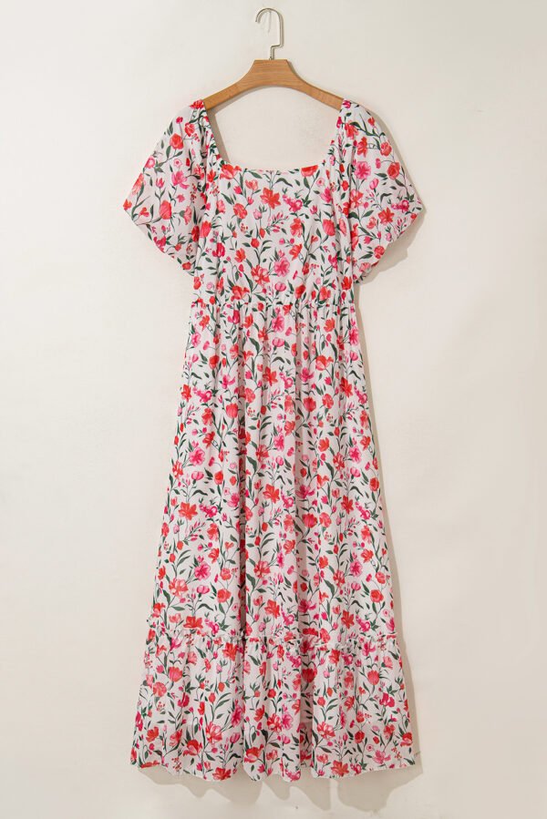 Pink Plus Size Floral Square Neck Puff Sleeve Ruffle Maxi Dress