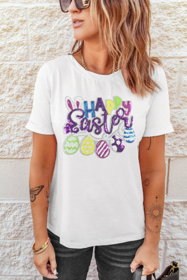 White Happy Easter Sequin Patched Casual Tee