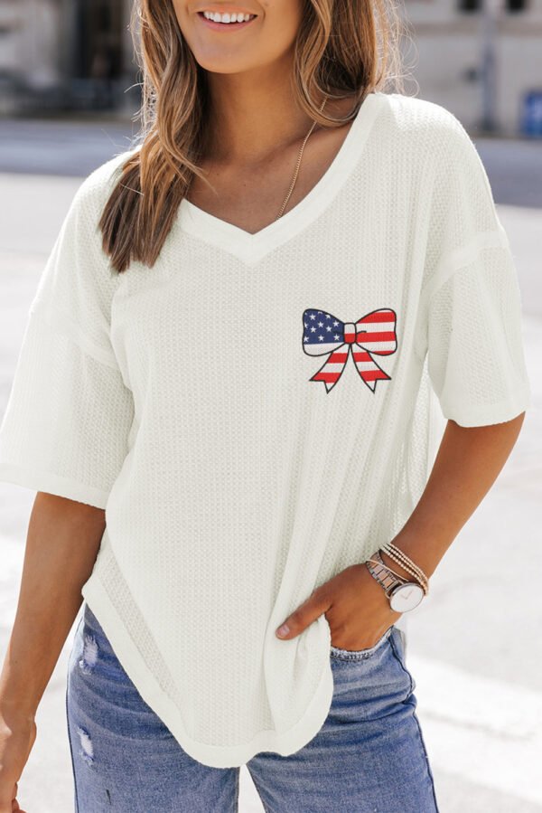 White Embroidered Stars Stripes Bowknot Logo Textured Knit T Shirt