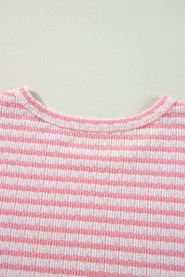 Pink Stripe Textured Puff Sleeve Crewneck Top