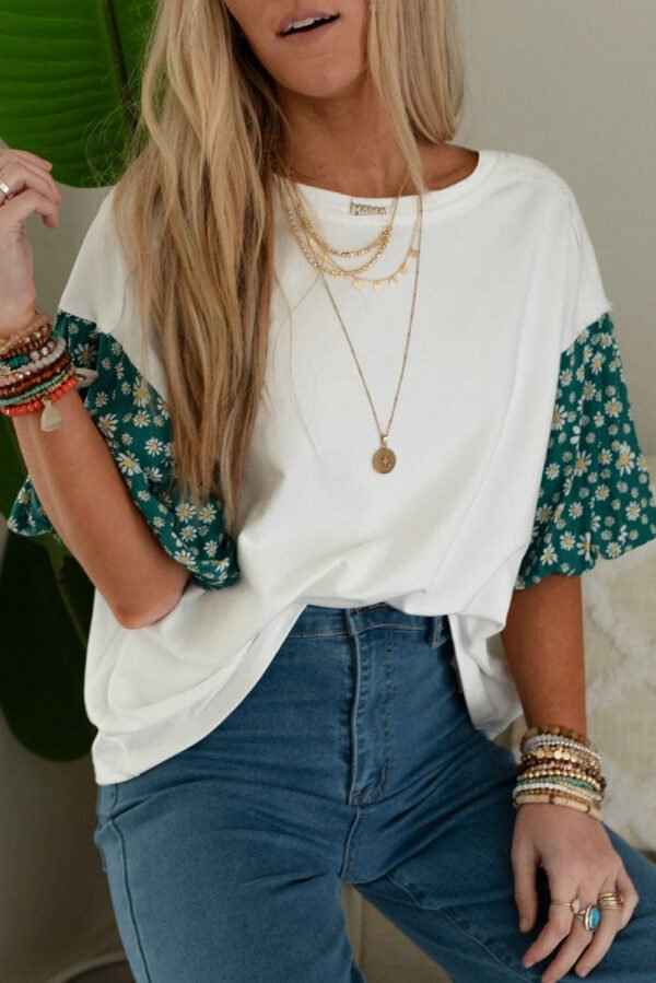 White Contrast Floral Puff Sleeve Oversized Top
