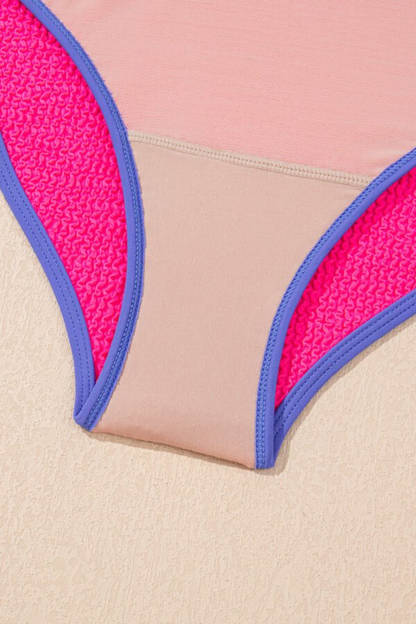 Rose Red Textured Color Block Patchwork One Piece Swimsuit