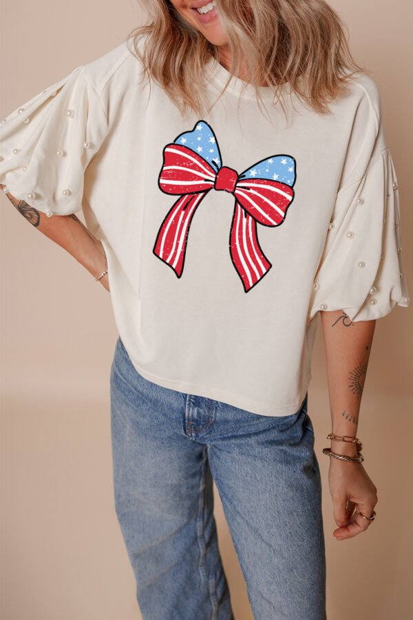 White Stars Stripes Bowknot Graphic Pearled Puff Half Sleeve T Shirt