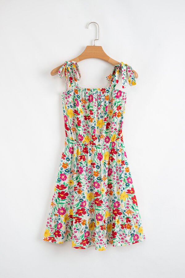 Red Floral Knotted Straps Cinched Waist Ruffle Hem Mini Dress