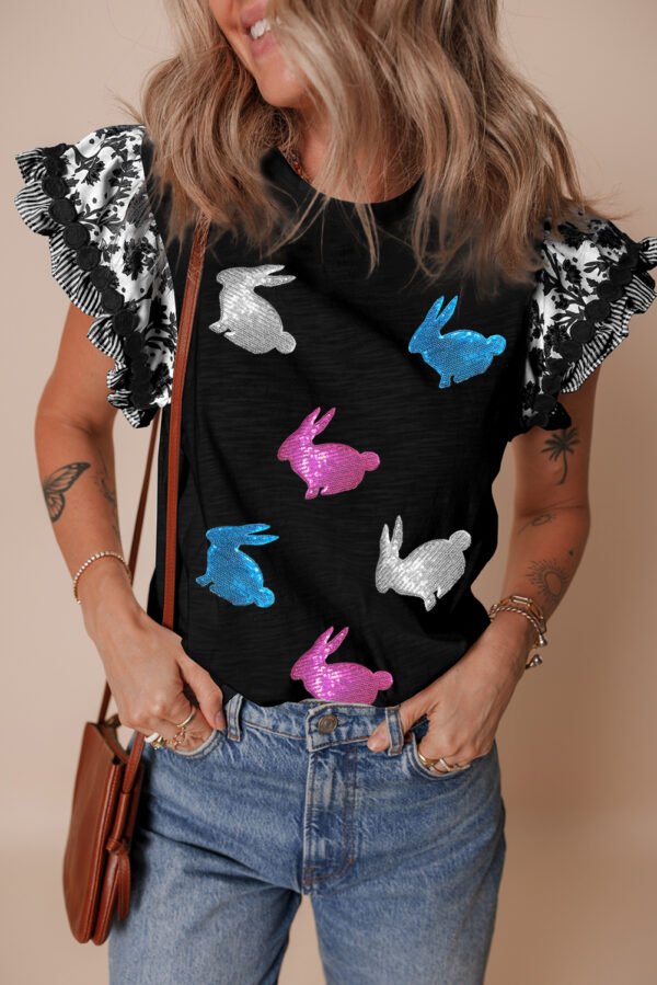 Black Floral Striped Patchwork Flutter Sleeve Easter Bunny Patched Blouse