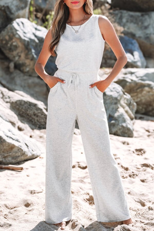 Light Grey Solid Color Crew Neck Drawstring High Waist Sleeveless Jumpsuit