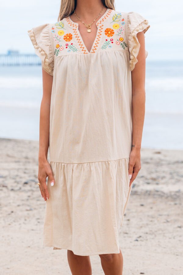 Jet Stream Linen Embroidery Split Neck Pom Pom Ruffle Sleeves Flowy Short Dress