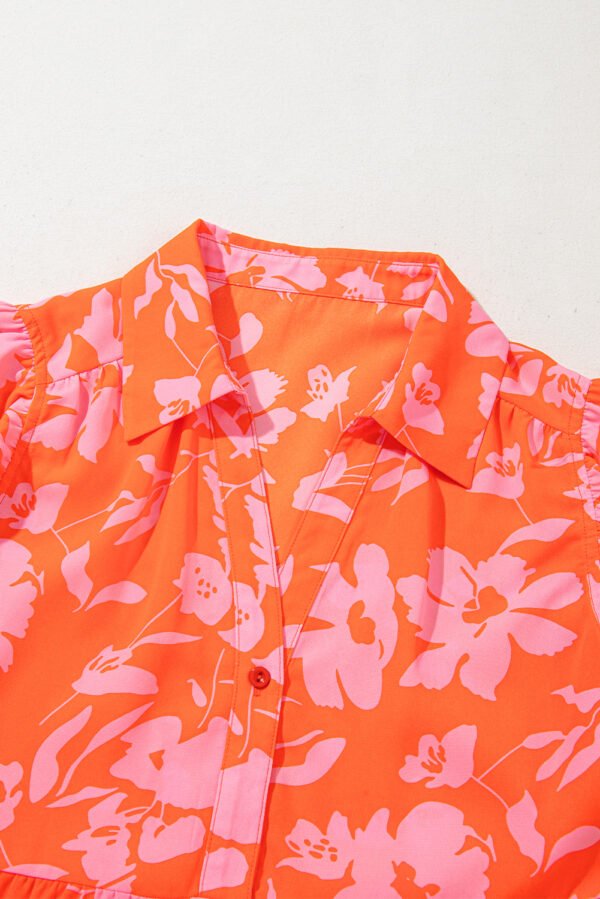 Orange Floral Print Collared Button Neckline Flutter Sleeve Blouse