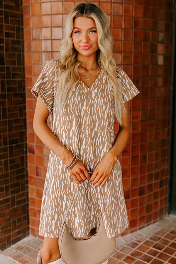 Khaki Abstract Print V Neck Short Sleeve Shift T Shirt Dress