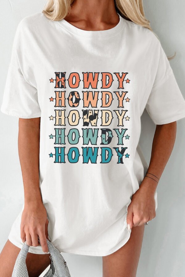 White HOWDY Stars Print Crew Neck Loose Fit T Shirt