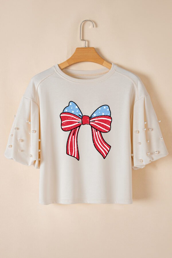 White Stars Stripes Bowknot Graphic Pearled Puff Half Sleeve T Shirt