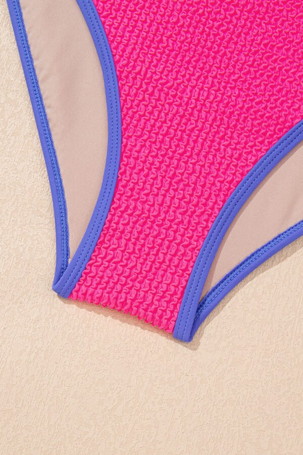 Rose Red Textured Color Block Patchwork One Piece Swimsuit