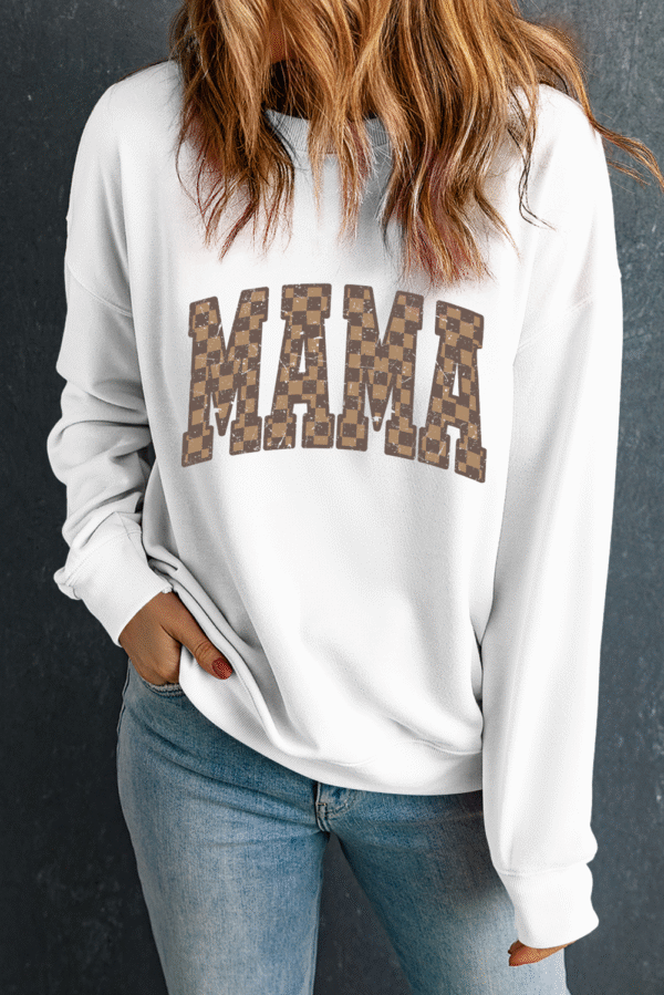 White Checkerboard MAMA Graphic Drop Shoulder Sweatshirt