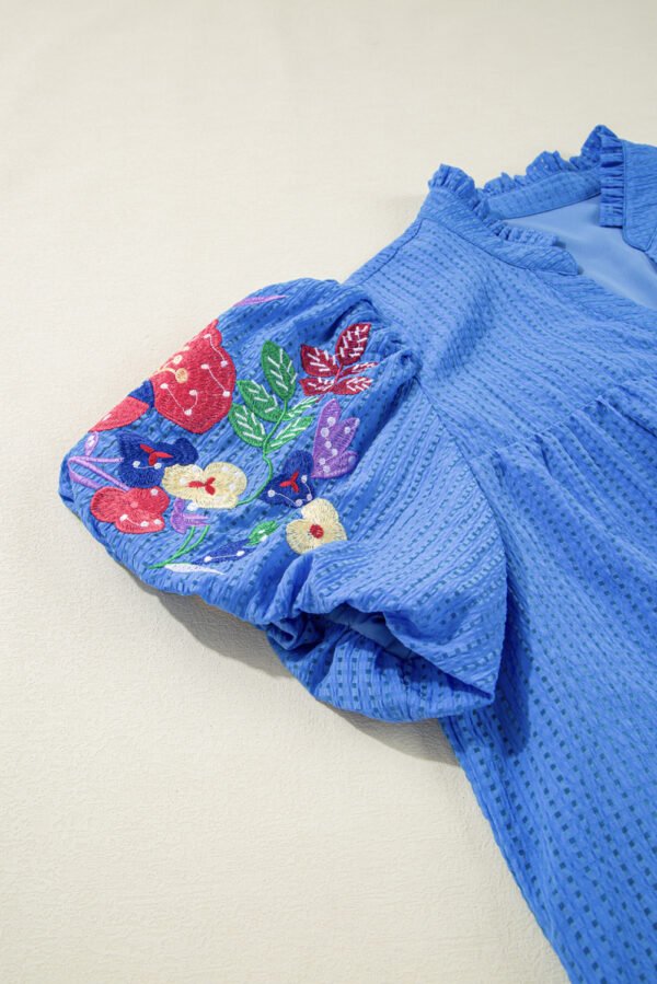 Sky Blue Plus Size Floral Embroidered Puff Sleeve Gingham Mini Dress