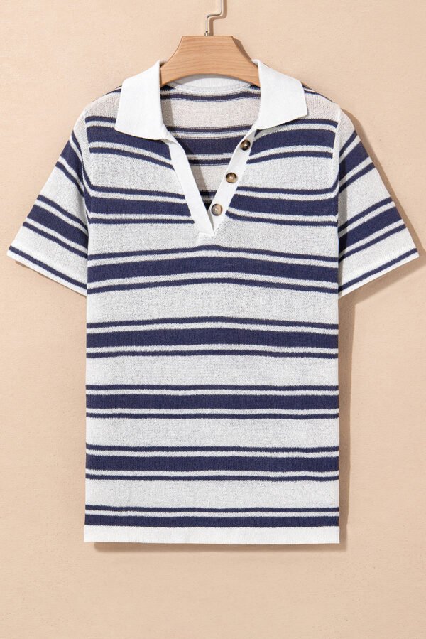 Dark Blue Stripe Collared Button V Neck Knitted T Shirt