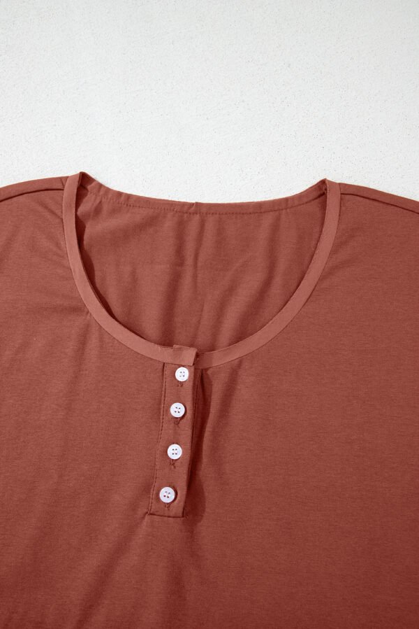 Chestnut Short Sleeve U Neck Buttons Splicing Ruffle Blouse