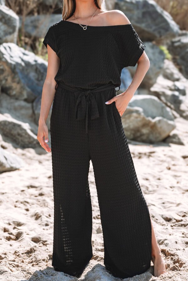 Black Checkered Mesh One Shoulder Short Sleeve Knotted Waist Jumpsuit
