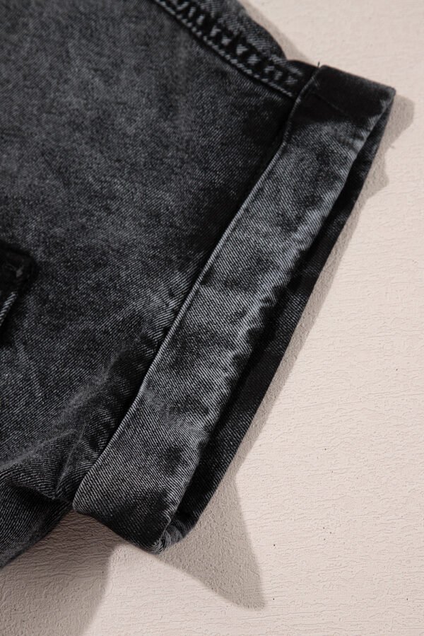 Black Short Sleeve Flap Pocket Button Up Raw Hem Denim Shirt