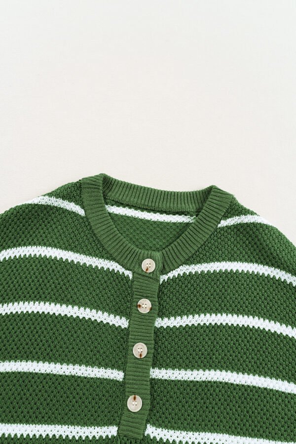 Green Stripe Henley Buttoned Placket Drop Shoulder Bracelet Sleeve Knit Sweater Tee