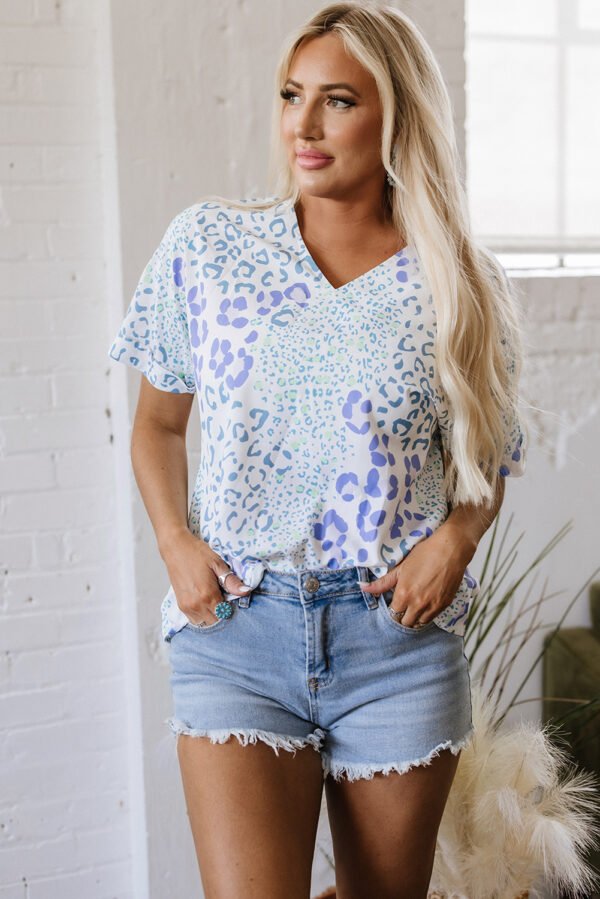 Sky Blue Mixed Leopard Print V Neck Short Sleeve Blouse