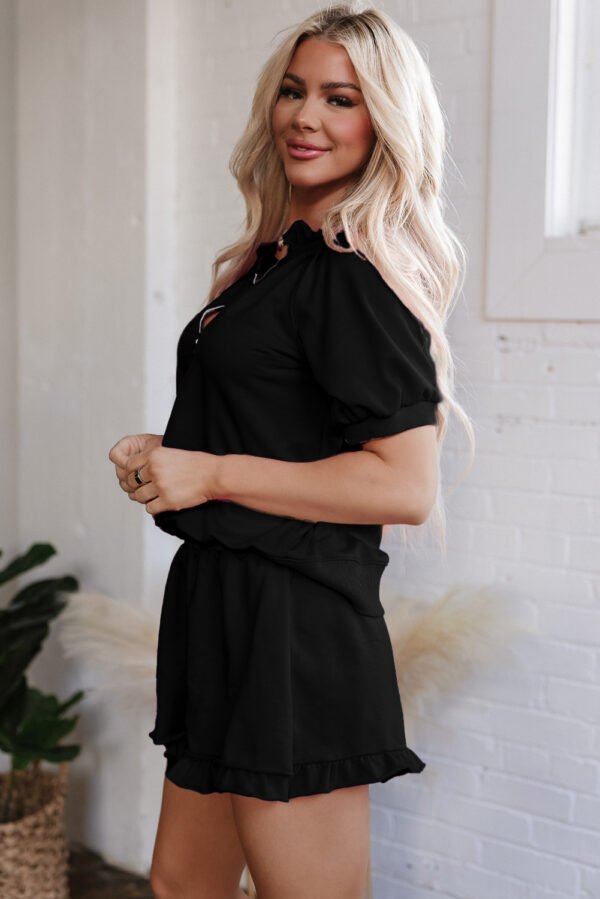 Black Half Zip Puff Sleeve Top and Ruffled Shorts Set