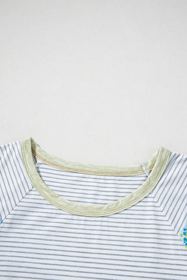 White Stripe Floral Insert Sleeves Contrast Round Neck Tee