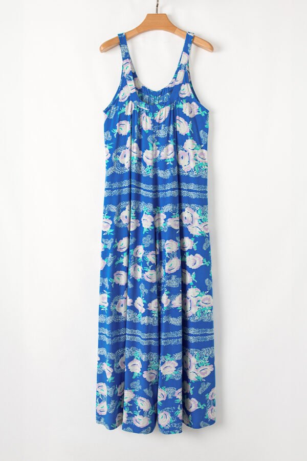 Blue Floral Print Wide Leg Sleeveless Jumpsuit