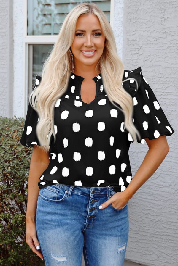 Black Polka Dot Print Shirred Yoke Notched Neck Balloon Sleeve Blouse